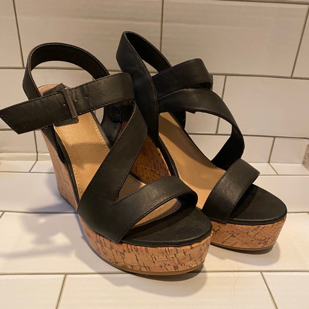 Black Wedge Heel Sandals - Size 8